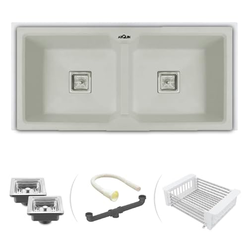 Image of ARQUIN Double Bowl Quartz Kitchen Sink 45x20x9 Inch Sand Choco | Undermount,Topmount | Including Coupling,Sink Connector,Waste Pipe & Fruit Washing Basket