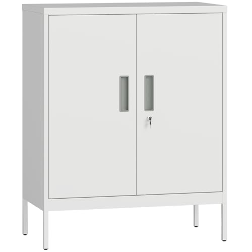 HOMCOM Metal Storage Cabinet with Lock, Office Storage Cupboard with 2 Doors and 2 Adjustable Shelves, Lockable Filing Cabinet for Home Office, Garage, White