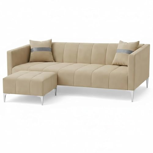 Image of Solomon 4 Seater L Shape Sofa Set with Movable Ottoman | Flexible Left or Right Layout | Luxe Velvet Suede Fabric | Comfortable Seating | Modern Sofa for Living Room - Beige