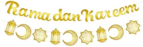 Gold Eid Banner Ramadan Eid Decorations for Home Moon Star Banner Ramadan Home Decor Supplies Umrah Mubarak Banners Decorations