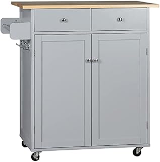 HOMCOM Rolling Kitchen Island on Wheels, Utility Serving Cart with Rubber Wood Top, Towel Rack, Hooks and Storage Drawers, Grey