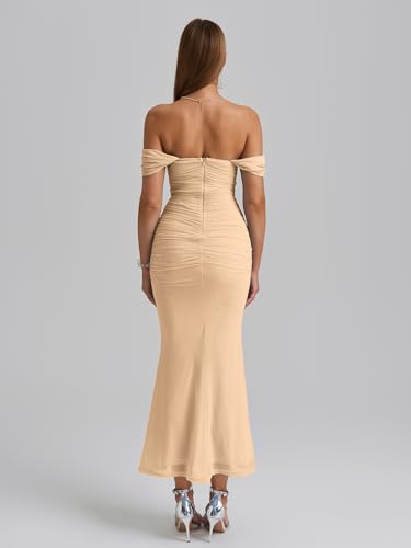 Image of KUTUMAI Off The Shoulder Maxi Long Dress Corset Ruched Bodycon Cocktail Formal Wedding Guest Dresses for Women
