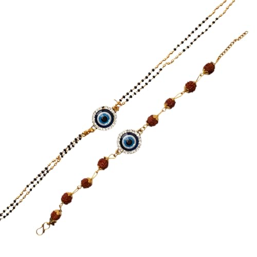 Image of SAUDEEP INDIA Evil Eye Stone-Rudraksh Rakhi /Bracelet Set for Bhaiya-Bhabhi Couple Evil Eye Bracelet Set RakshaBandhan Gift