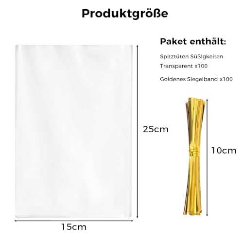 TAKUZA 100 Stück Cellophantüten Groß, Zellophantüten, Plätzchentüten, Kekstüten Transparent mit 100 Gold Gedrehtes Band, Weihnachten Klarsichttüten für Süßigkeiten Kekse Kuchen(25x15cm)