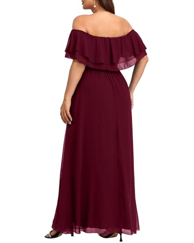 Image of Pinup Fashion Plus Size Formal Bridesmaid Wedding Guest Chiffon Long Dress | Chiffon, off-the-shoulder neckline, layered ruffles, ruched elastic waist, floor-length, evening party, wedding guest