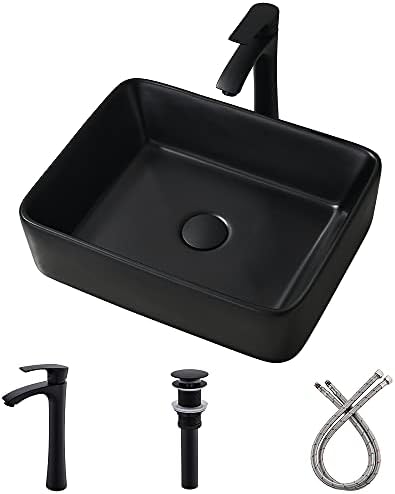 Black Vessel Sink with Faucet and Drain Combo -Bokaiya 19x15 Above Counter Bathroom Sink Rectangle Matte Black Porcelain Ceramic Bathroom Vessel Sink, Faucet Matching Pop Up Drain Combo