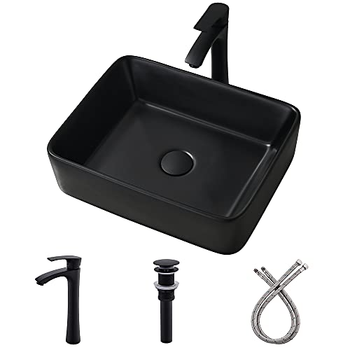 Black Vessel Sink with Faucet and Drain Combo -Bokaiya 19x15 Inch Vessel Bathroom Sink Rectangular Above Counter Matte Black Porcelain Ceramic Bathroom Vanity Sink Art Basin by Bokaiya - Used condition - US$62.37
