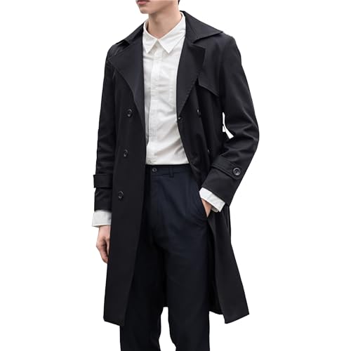 Mens Long Trench Jacket Double Breasted Windbreaker Overcoat