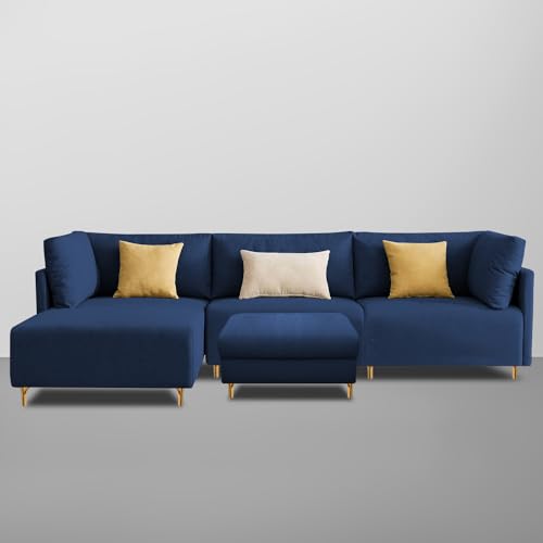 Image of Carina LHS 4 Seater L Shape Sofa Set with Center Table for Living Room (Blue Fabric) Premium Fabric Sofa