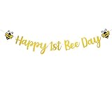 Happy 1st Bee Day Banner,Glitter Gold 1st Birthday Themed Party,One High Chair Sign Boy Girl First Birthday Party Decorations.