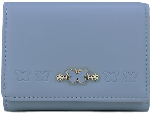 Cute Blue Wallet for Women and Ladies Small Minimalist Butterfly Design Leather Coin Purse with Credit Card Holder and ID Window Kawaii Travel Cash Wallet for Ladies