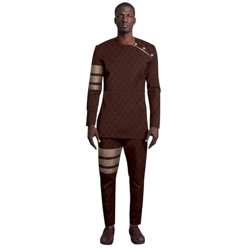 Men`s Suits Gold Button Long Sleeve Embroidery Zip Shirts and Pants 2 Piece Set African Clothes