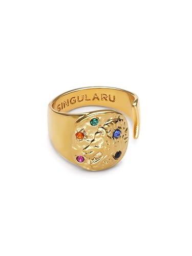 SINGULARU - Anillo Organic Colors Zodiaco Leo. Latón con Baño en Oro de 18 Kt y Circonita. Joyas Para Mujer.