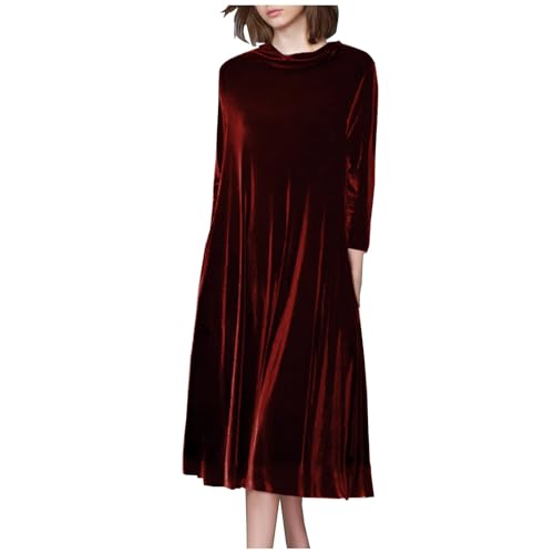 Vintage Velvet Dress for Women UK Plus Size Long Sleeve Maxi Dresses Casual Loose Fit Dress Elegant Bridesmaid Dress Ladies Solid Color Midi Dress Wine