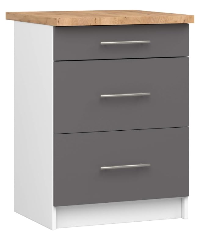 BDW - Küchenschrank Weiß/Grau - Schrank Küche mit Arbeitsplatte und Schubladen - Schrank 60 cm breit, 85 cm hoch - Küchenschränke Einzeln, Küchenmöbel Einzelteile