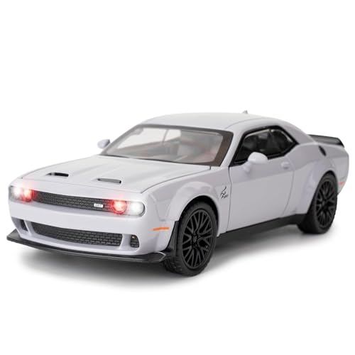 Image of WORSHIPER 1:32 Scale Dodge Challenger Hellcat Die-Cast Metal Toy Car with Lights & Sound, Pull Back Action, Openable Doors, Hood & Trunk | Alloy Sports Car Model (1:32 Hellcat Dodge Challenger-Grey)