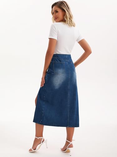 Women's Denim Skirt Side Split Rhinestones High Waist Pencil Midi Jean Skirts4
