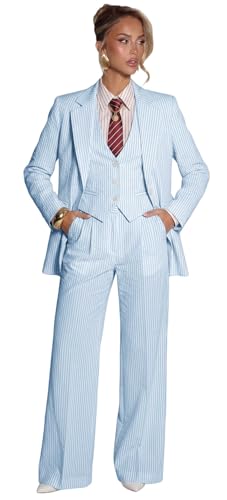 Light Blue Womens Suits 3 Piece Seersucker Striped Pants Suit