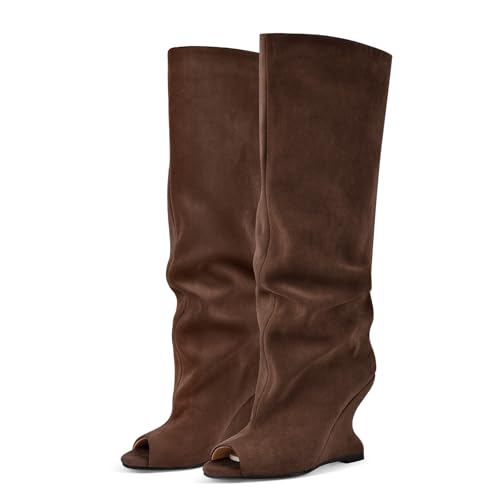 Rhineshell Women's Slouchy High Heels Pull On Wedge Knee High Boots Peep Round Toe Heeled Sandal Boot Faux Suede Solid Color Party Prom Shoes Dark Brown Size 8.5