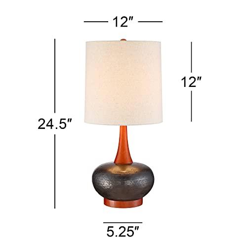 wall lamp Andi Mid Century Modern Table Lamps 24 1/2" Tall Set of 2 Brown Hammered Ceramic Red Oak Wood Off-White Fabric Shade for Bedroom Living Room Bedside Nightstand House Home Office wall lamp - Image 7