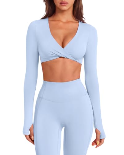 SUUKSESS Women 2 Piece Workout Sets Twist Deep V Crop Tops(Baby Blue,L)