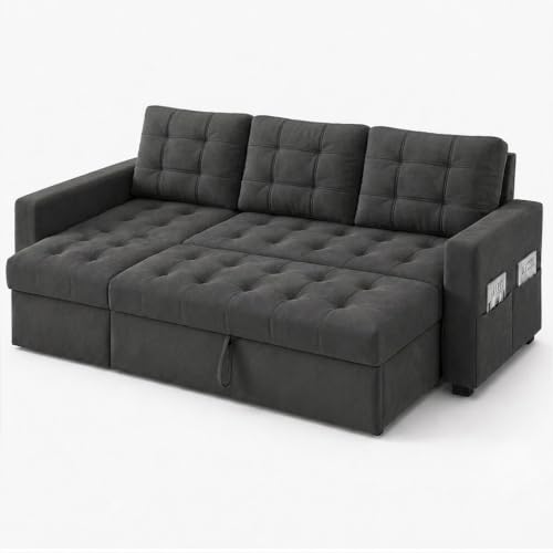 Image of CASASTYLE Sumur 4 Seater LHS L Shape Sofa with Pull Out Bed & Storage Lounger | Premium Soft Velvet Suede Fabric | Comfort Cushions | Ideal for Living Room, Hotel & Office (Dark Grey)