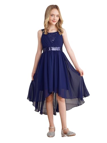 Hedmy Vestido Lentejuelas de Fiesta para Niña Vestido Asimétrico de Gasa con Bowknot Vestido de Cumpleaños Cóctel Desfile Formal 3-16 Años Azul Marino 13-14 años
