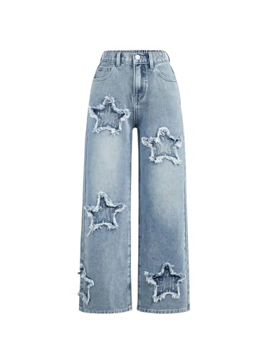 Verdusa Girl's Y2k Star Frayed Baggy Jeans Wide Leg High Elastic Waist Denim Pants