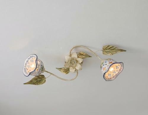 Plafonnier céramique sicilienne Naya ILAB luminaire fleurs 2 ampoules E14