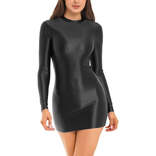 Agoky Robe Gainante Sculptante Femme Robe Courte Brillante Manches Longues Col Haut Jupe de Nuit Lingerie Bodycon Moulante Shapewear M-XL Noir XL Cover