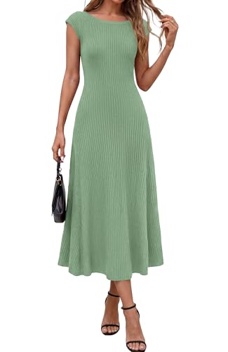 BTFBM Womens Spring Dresses 2026 Asymmetrical Neck Short Sleeve Pleated Swing Knit Midi Dress Business Casual(Sage Green, Large)