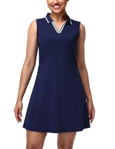Image of MIER Golf Dresses for Women V Neck Sleeveless Dress with Zip Pocket | For Tennis Pickleball Travel Casual, Soft Breathable, 4-Way Stretch Light Flowy, Ribbed Collar, Reflective Logo, Wrinkle Free