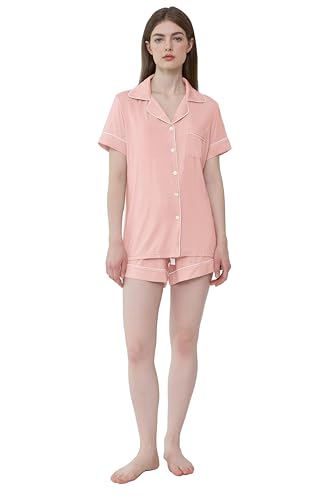 Image of Cherrydew Women Bamboo Viscose Super Soft Comfy Summer Cooling Short Sleeve Button Down Pajama Shorts Set S-XXL