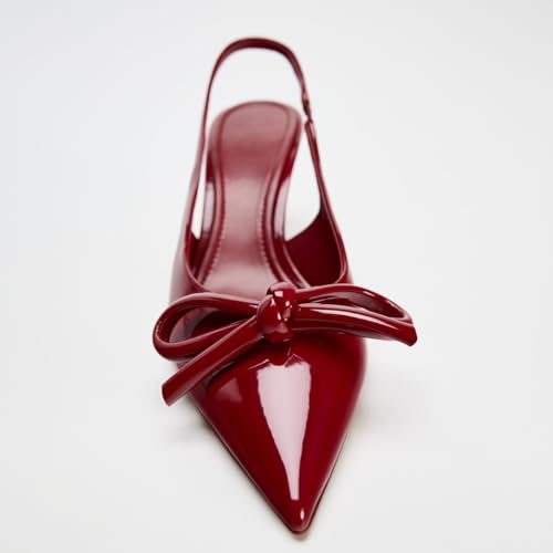 Women's Slingback Heels in A Faux Patent Leather Finish Pump Bow Detail Buckle Closure Thin Heel Pointed Toe Wedding Party Office Dance Dress Shoes4