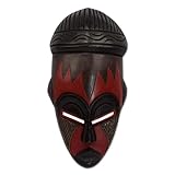 NOVICA Nigerian Red and Black Handcrafted African Rubberwood Mask with Brass Accents, Harvest Joy'