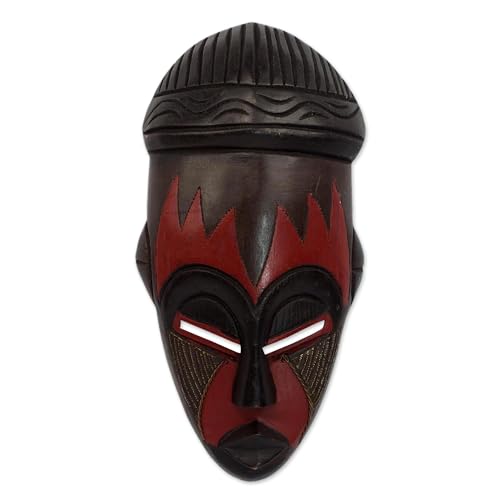 NOVICA Nigerian Red And Black Handcrafted African Rubberwood Mask With Brass Accents, 'Harvest Joy'