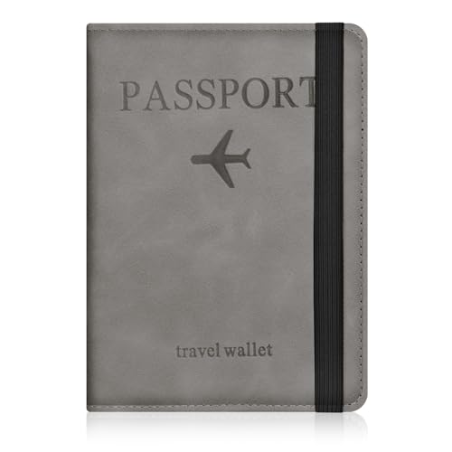 AOOSU Funda Pasaporte, Porta Pasaporte con Bloqueo RFID, Cuero de PU Porta Documentos Viaje Impermeable Resistente Desgaste para Pasaportes Tarjetas Crédito Funda Tarjeta Identific (Gris)