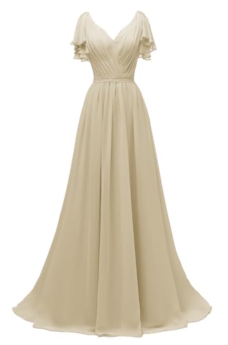 Image of Yexinbridal Ruffle Sleeves Bridesmaid Dresses V-Neck Chiffon Long Formal Wedding Evening Party Gowns for Women