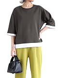 [ｕｒｉｃｃａ＼ウリッカ] チャコール Lサイズ カットソー レディース Tシャツ バイカラー レイヤード 厚地 春 夏 黒 おしゃれ 無地 七分袖 重ね着風 綿混 コットン混 シンプル Uネック トップス [郵2]^t1088^