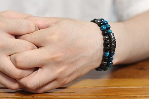 2Pcs Triple Protection Bracelet,Natural Tigers Eye Black Obsidian And Hematite 8 Mm Beads Bracelet For Men Women Gift, Healing Crystal Bracelet Bring Luck And Prosperity And Happiness (Lake Blue) #TOP6