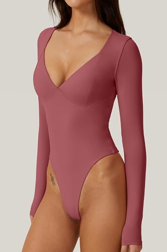Image of QINSEN Women's Long Sleeve Bodysuit V Neck Body Suits Seamed Cup Going Out Tops Shirt