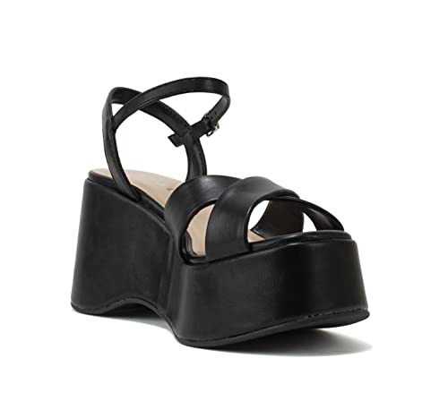 Soda “Tecno” ~ Women Square Toe Crisscross Upper High Heeled Wedge Sandal With Adjustable Ankle Strap (Black Pu, Us_Footwear_Size_System, Adult, Women, Numeric, Medium, Numeric_8_Point_5) #TOP3