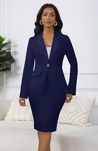 Business Suit Sets for Women\'s 2 Piece Outfits Peplum Blazer Formal Pencil Skirt Suit Navyblue L