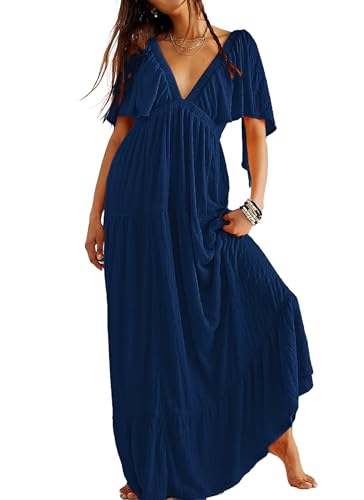 Image of Kikibell Women Summer Dresses Sexy V-Neck Maxi Dress Tiered Silhouette with Flutter Sleeve Backless Elastic Waist Flowy Dress