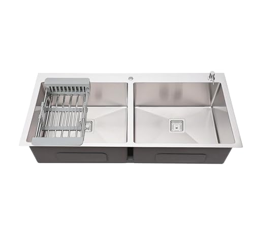 Image of Fossa 45 inchx20 inchx10 inch Inch 5-Year Warranty Premium Stainless Steel Double Bowl Kitchen Sink with Tap Hole, Drain Basket, Soap Dispenser & Drain | Home Kitchen Silver (Matte Finish)