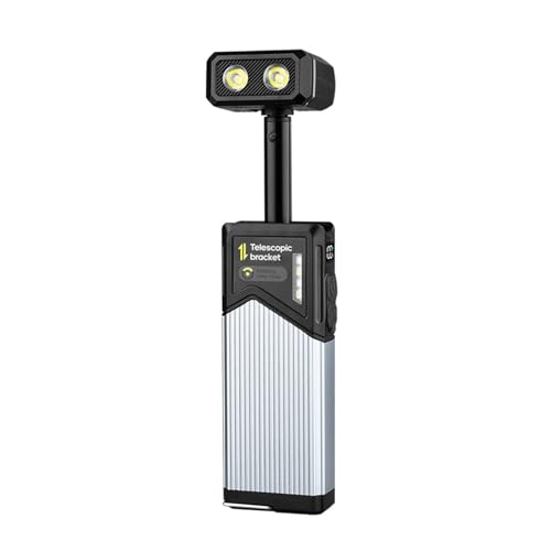 Kalttoy Luz de trabajo telescópica portátil con ángulos ajustables, batería de 1400 mAh, impermeable, textura de aleación de aluminio, para acampar al aire libre, cabeza ajustable, luz telescópica