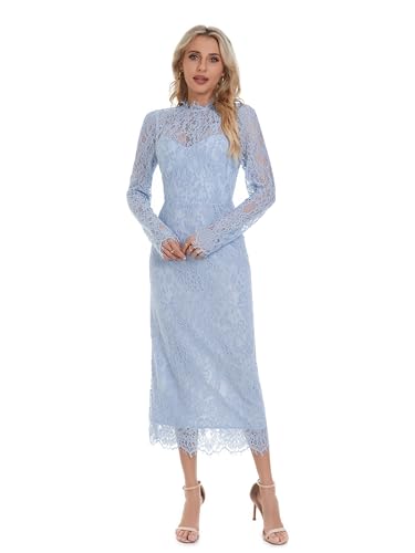 Image of Women's Long Sleeve Lace Floral Wedding Guests Dress Elegant Cocktail Ocassion Party Midi Dress