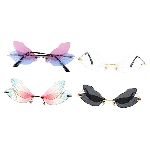 Beavorty Rimless Dragonfly Wing Sunglasses 4 Pairs Irregular Shades for Party Cosplay Fashion Accessory