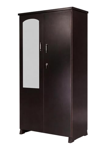 Image of CASPIAN 2-Door Wardrobe (17mm Thick Shelf's) Coffee Black | Pre-Assembled Almirah with Mirror, Hanging Space, 4 Shelves, 2 Drawers & Secure Locker | Durable Engineered Wood Clothes Storage Cupboard.