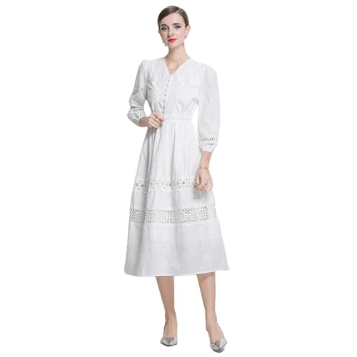 Robe d'été longue amincissante blanche avec col brodé et manches dentelle